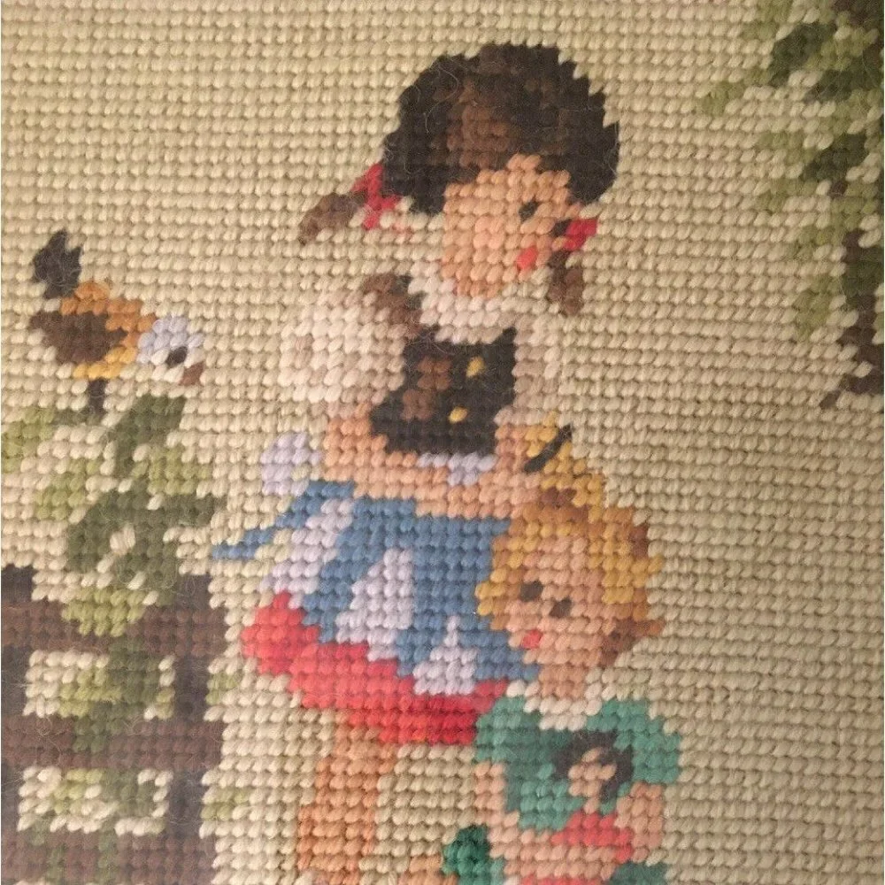 Vintage Pair of Needlepoint Boy & Girl Children Framed Completed  8.5